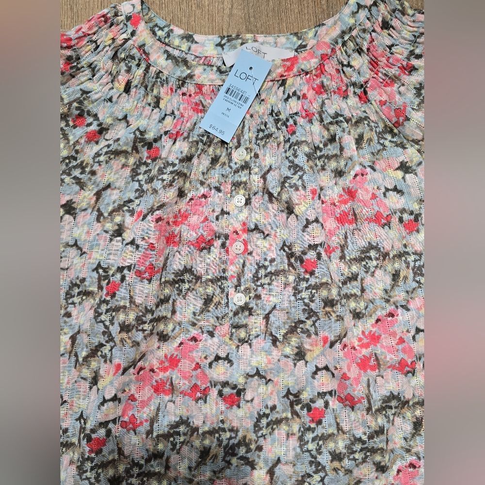Loft Smocked‎ Short Sleeve Blouse Top sz PM Nwt - Picture 4 of 6